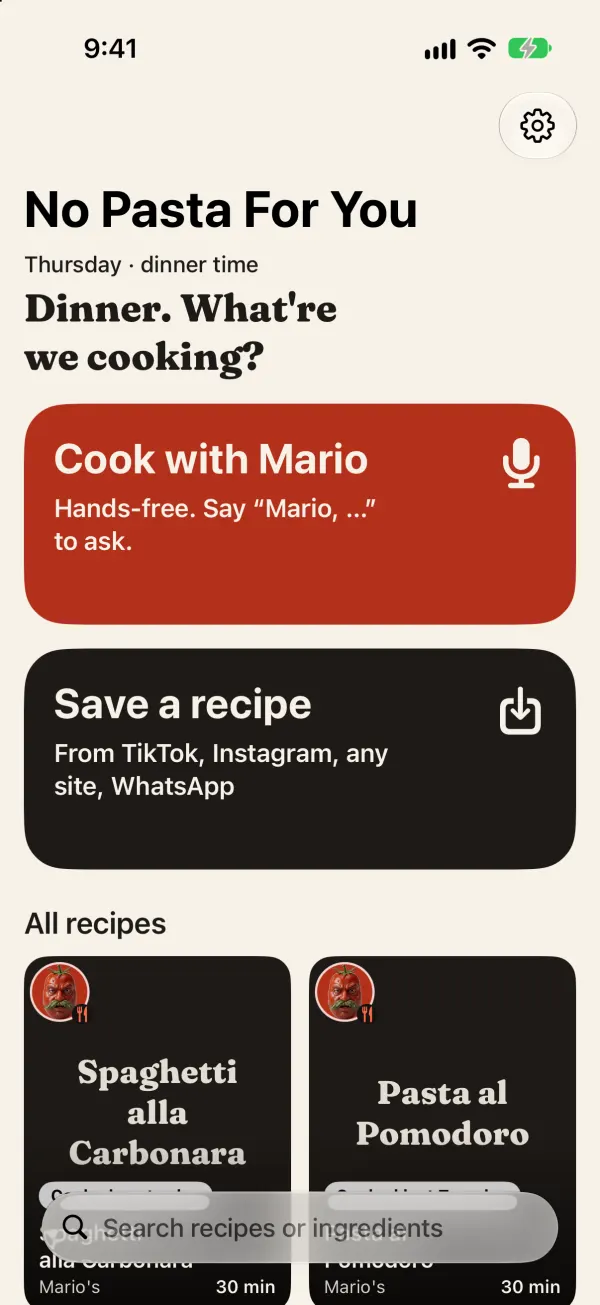 Home: cook with Mario or save a recipe