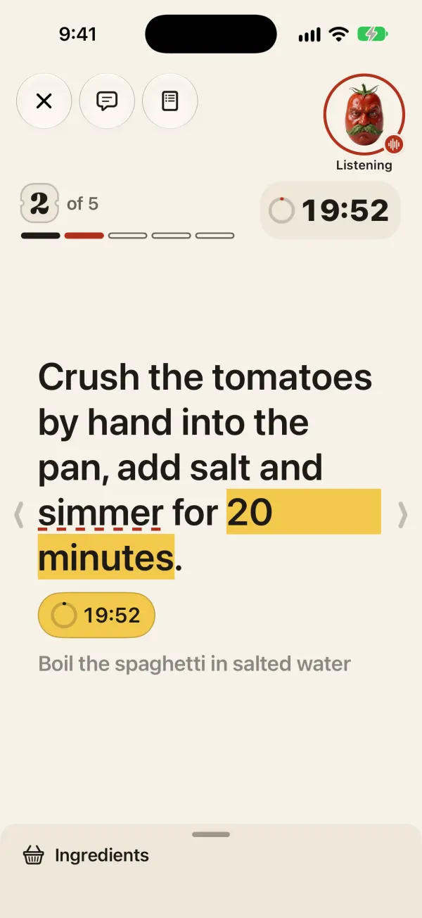 A cooking step with its timer running